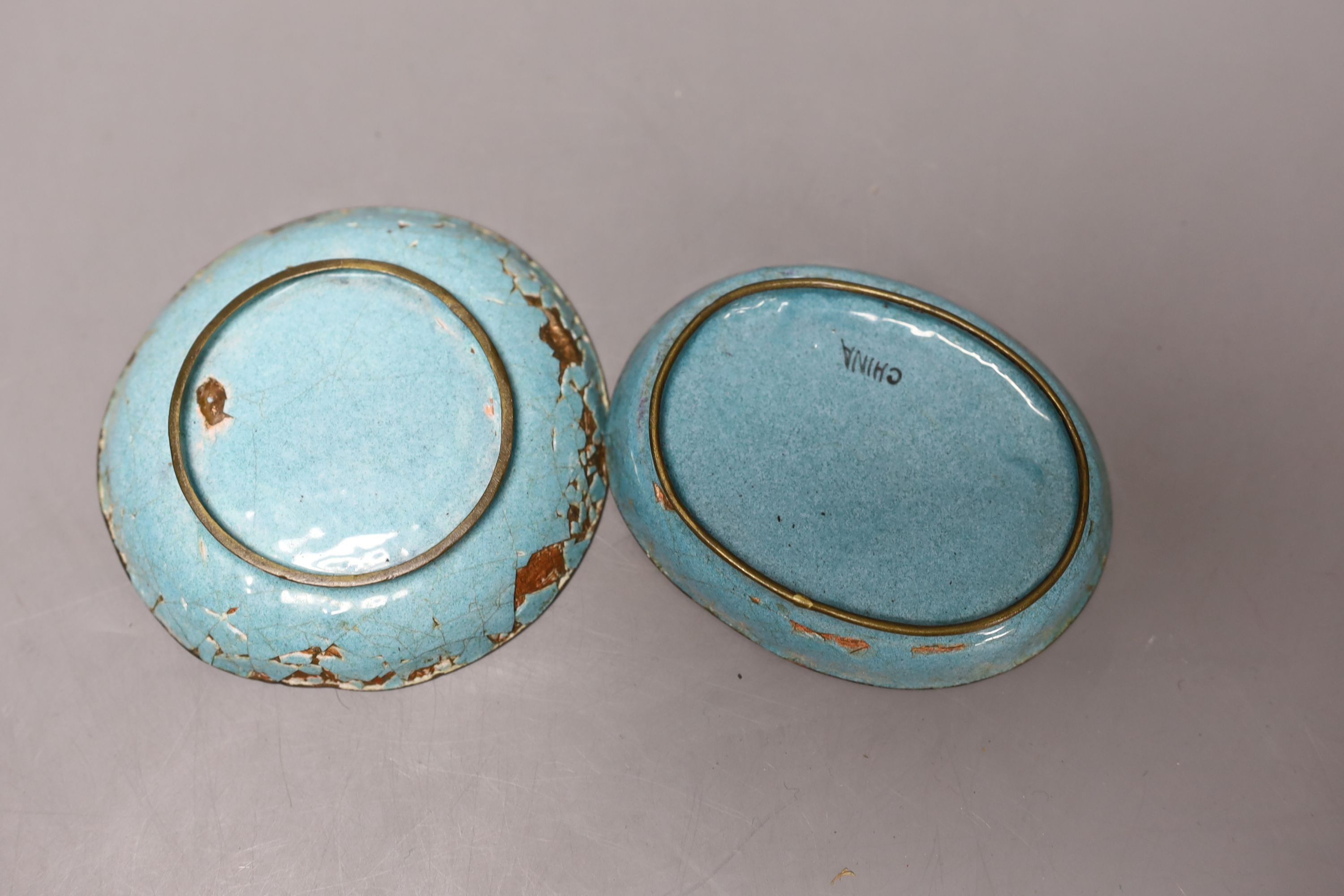 A group of 19th century Canton enamelled wares, including a vase and stand, two tea bowls and saucers and two dishes